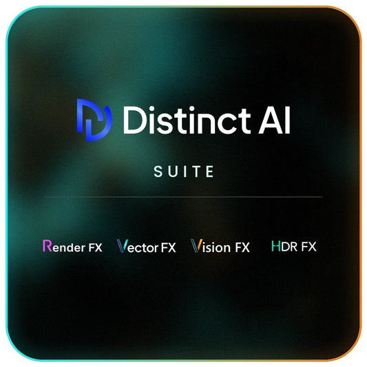 A square promotional graphic for the Distinct AI Suite, featuring a dark teal and black gradient background with rounded corners. The Distinct AI logo appears in blue at the top center, with the word 'SUITE' below it.